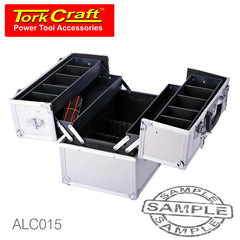 SQUARE ALUMINIUM CASE WITH 4 PIECE TRAY 36.5 X 22.5 X 25 WITH SILVER D