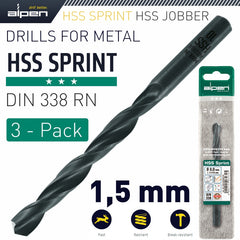 HSS SPRINT DRILL BIT 1.5MM 3/PACK