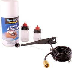AIRBRUSH KIT SP10 AIRBRUSH 2 X JARS 300ML AIRCAN COMP ADAPTOR CLEANING
