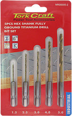 DRILL BIT SET 5PCS FULLY GROUND.TITANIUM HEX SHANK 1.5/2.5/3/4/5MM