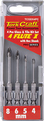 GLASS & TILE DRILL 4 FLUTE SET 4PC 4/5/6/8MM IN PLASTIC CASE