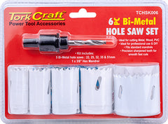 HOLE SAW SET 6PCE BI-METAL (22/25/32/35/51MM & 3/8 HEX MANDREL)